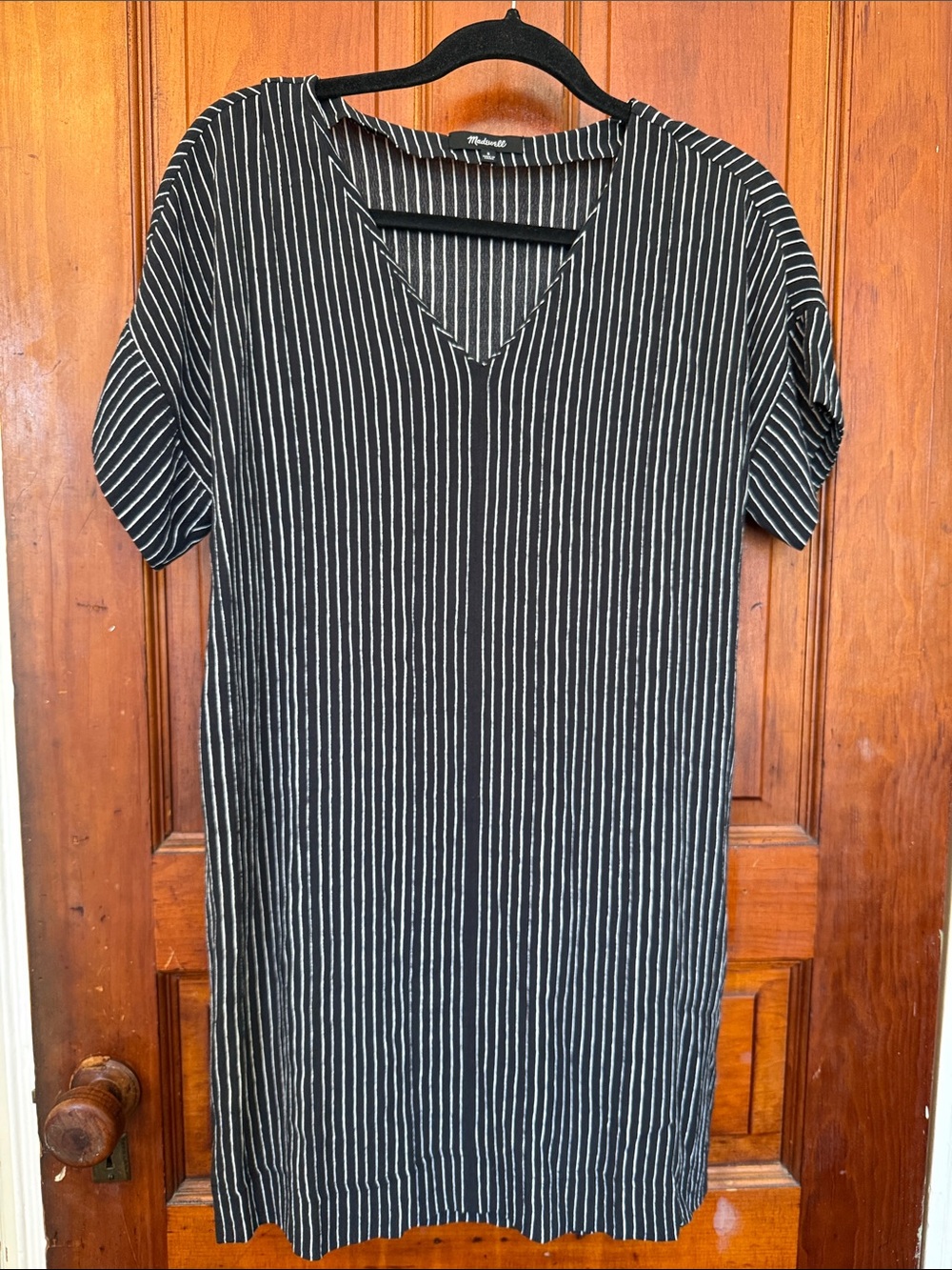 Madewell Black and White Striped Mini V-Neck Dress size Small